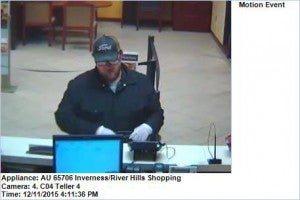The Shelby County Sheriff's Office is looking for a suspect in the Dec. 11 robbery of an Inverness Wells Fargo location. Pictured is an image of the suspect from the bank. (Contributed)