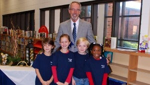 State Superintendent Dr. Tommy Bice stands with four Oak Mountain Elementary School Bluebird Ambassadors on Dec. 4. (Reporter Photo / Molly Davidson)