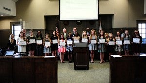 Members of the THS Warriorettes dance team are honored by the Alabaster Board of Education during a March 14 meeting. (Reporter Photo/Neal Wagner)